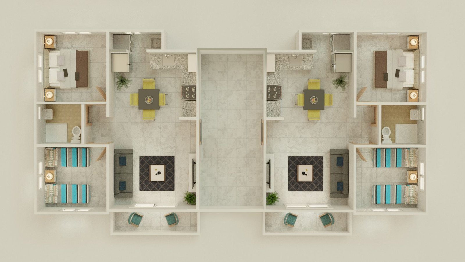 Render de planta amueblada del apartamento Mart B, 64 metros cuadrados